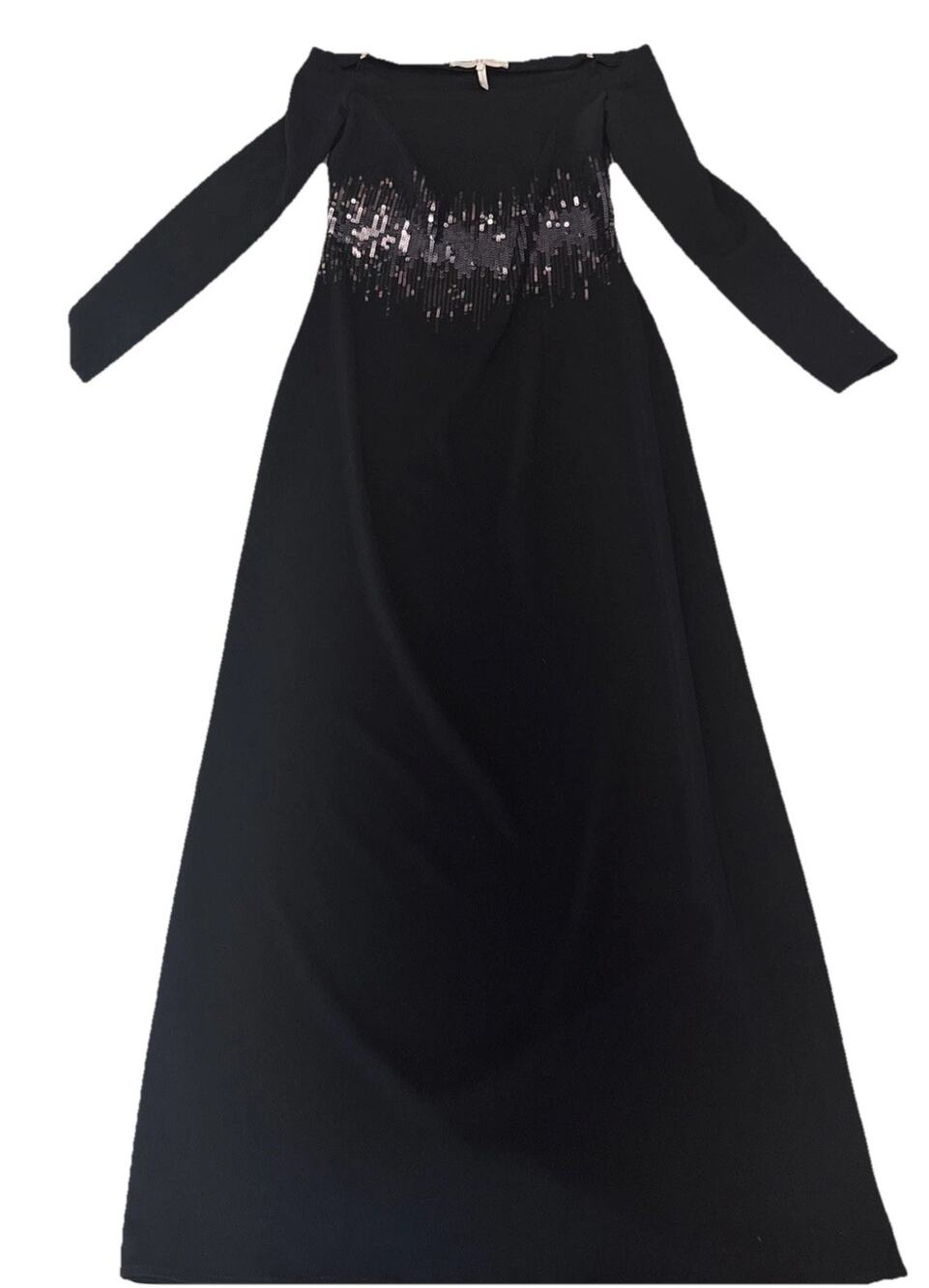 Halston Heritage Black Off Shoulder Sequin Waist Crepe Gown TB160135EM. Size 0